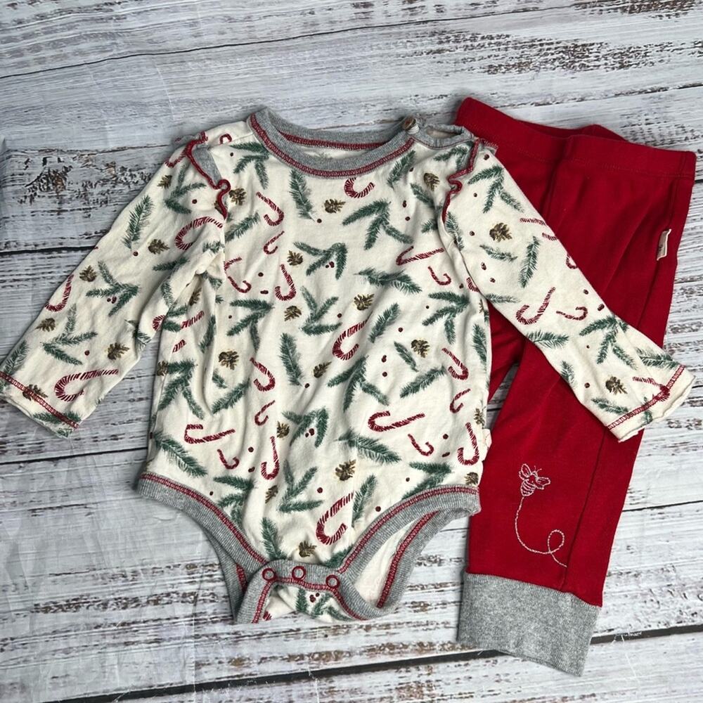 Burts Bees 3-6 Months Christmas Candy Cane Bodysuit Pants Set Organic Cotton